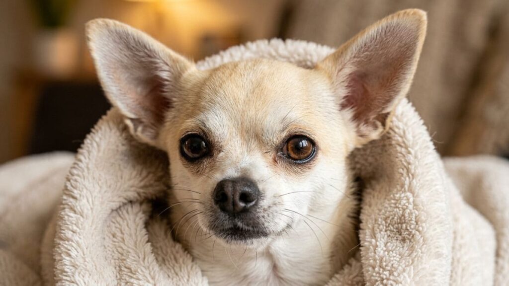 Close-up de um Chihuahua de pelo curto e cor creme, enrolado em uma manta felpuda bege. O cão exibe suas orelhas grandes e eretas e olhos expressivos, destacando as características das raças de cachorro pequeno.