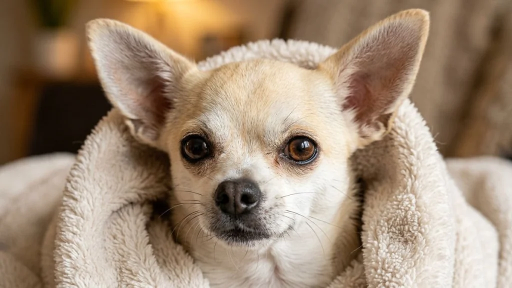 12 Raças de cachorro pequeno para apartamento: Guia real para sua escolha 12 Close-up de um Chihuahua de pelo curto e cor creme, enrolado em uma manta felpuda bege. O cão exibe suas orelhas grandes e eretas e olhos expressivos, destacando as características das raças de cachorro pequeno.