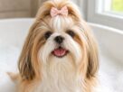 Um cão da raça Shih Tzu com um laço rosa na cabeça, sorridente e relaxado dentro de uma banheira branca cheia de espuma, ilustrando o processo de como dar banho no Shih Tzu em casa.