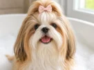 Um cão da raça Shih Tzu com um laço rosa na cabeça, sorridente e relaxado dentro de uma banheira branca cheia de espuma, ilustrando o processo de como dar banho no Shih Tzu em casa.