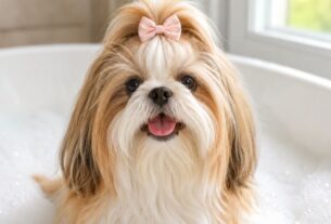 Um cão da raça Shih Tzu com um laço rosa na cabeça, sorridente e relaxado dentro de uma banheira branca cheia de espuma, ilustrando o processo de como dar banho no Shih Tzu em casa.