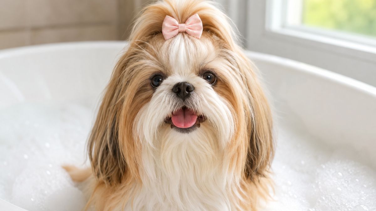 Um cão da raça Shih Tzu com um laço rosa na cabeça, sorridente e relaxado dentro de uma banheira branca cheia de espuma, ilustrando o processo de como dar banho no Shih Tzu em casa.