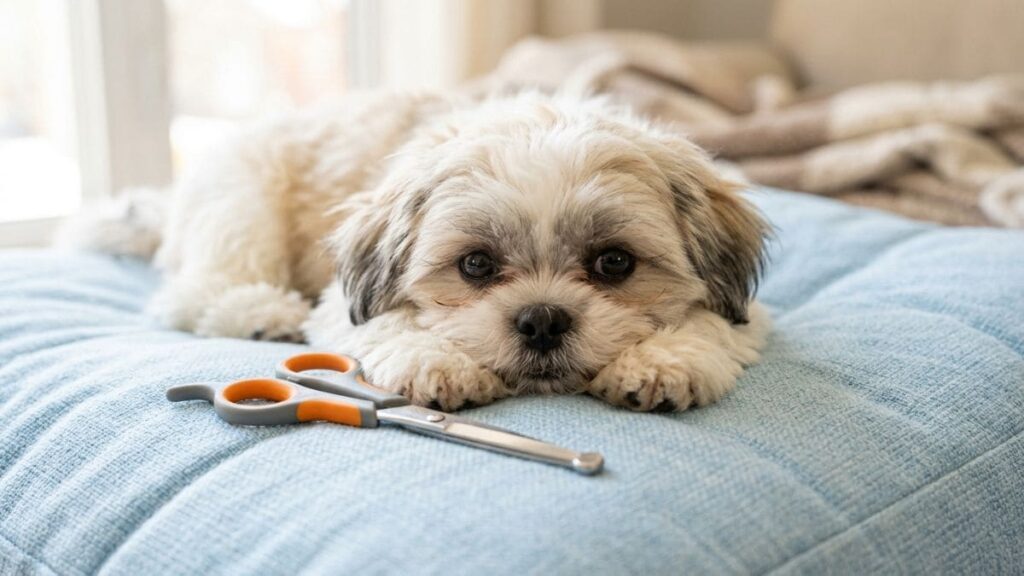 Tosa higiênica em Shih Tzu: O Cuidado Essencial para a Saúde e Bem-Estar do seu Pet 4 Um cão da raça Shih Tzu deitado de forma relaxada em uma almofada azul clara, olhando para a câmera com uma tesoura de ponta redonda em primeiro plano, ilustrando os materiais para a tosa higiênica em Shih Tzu.