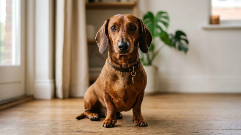 12 Raças de cachorro pequeno para apartamento: Guia real para sua escolha 13 Um cão da raça Dachshund, popularmente conhecido como Salsicha, de pelagem curta e marrom, sentado em um piso de madeira. O animal olha fixamente para a câmera, exemplificando uma das mais conhecidas raças de cachorro pequeno.