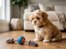 Um filhote de Shih Tzu de pelagem caramelo e branca sentado no chão de madeira da sala, olhando de forma desanimada para um brinquedo de corda com bola, ilustrando o comportamento ligado à coprofagia em Shih Tzu.