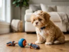 Um filhote de Shih Tzu de pelagem caramelo e branca sentado no chão de madeira da sala, olhando de forma desanimada para um brinquedo de corda com bola, ilustrando o comportamento ligado à coprofagia em Shih Tzu.