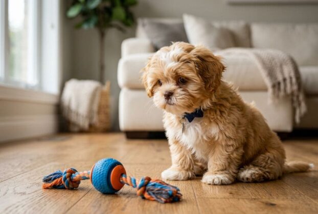 Um filhote de Shih Tzu de pelagem caramelo e branca sentado no chão de madeira da sala, olhando de forma desanimada para um brinquedo de corda com bola, ilustrando o comportamento ligado à coprofagia em Shih Tzu.