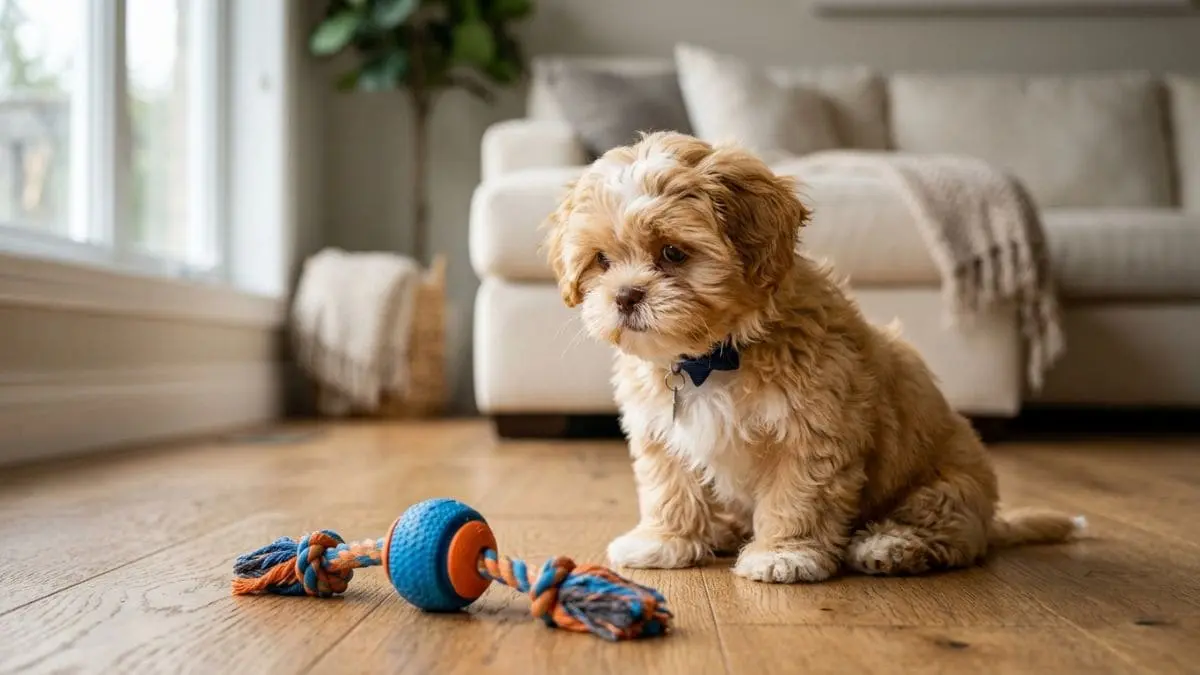 Um filhote de Shih Tzu de pelagem caramelo e branca sentado no chão de madeira da sala, olhando de forma desanimada para um brinquedo de corda com bola, ilustrando o comportamento ligado à coprofagia em Shih Tzu.