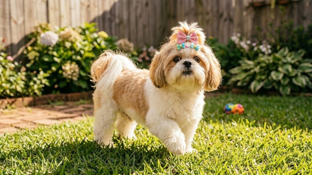 Uma cadelinha Shih Tzu branca e caramelo em pé sobre a grama verde de um jardim ensolarado. Ela está com uma pata dianteira levemente levantada e usa laços rosa e azul no topo da cabeça. O fundo mostra flores e uma cerca de madeira, criando um cenário ideal para sugerir nomes para Shih Tzu fêmea que remetam à natureza e alegria.