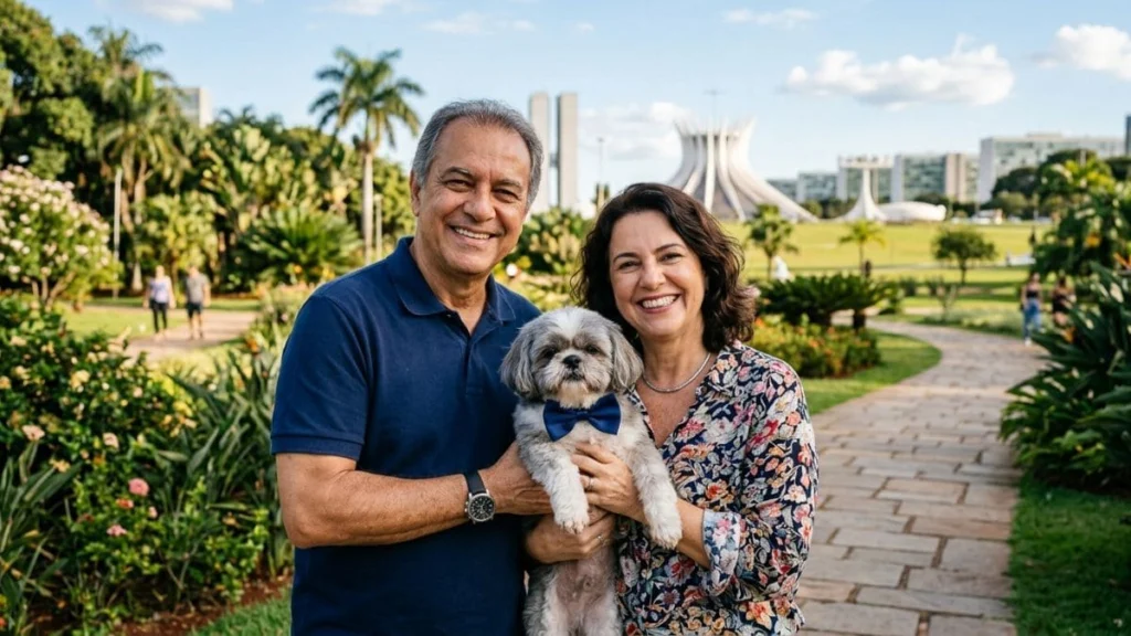 Um casal sorridente em um parque ao ar livre, com a Catedral de Brasília ao fundo sob um céu azul. O homem usa uma camisa polo azul e a mulher uma blusa floral; eles seguram juntos um cão Shih Tzu cinza e branco que usa uma elegante gravata borboleta azul marinho. A cena transmite felicidade e companheirismo, ideal para ilustrar a busca por nomes para Shih Tzu macho que reflitam momentos especiais em família.