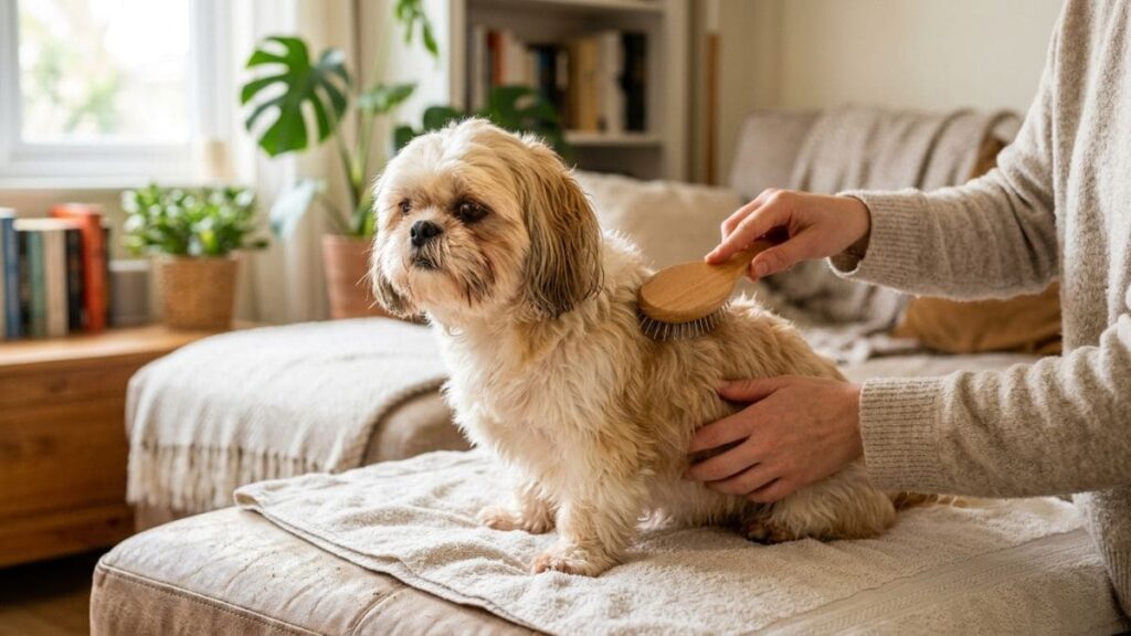 Orientações de como dar banho no Shih Tzu em casa, mostrando uma pessoa que utiliza uma escova de madeira com pinos para pentear a pelagem clara do cão em pé sobre uma toalha na sala de estar.
