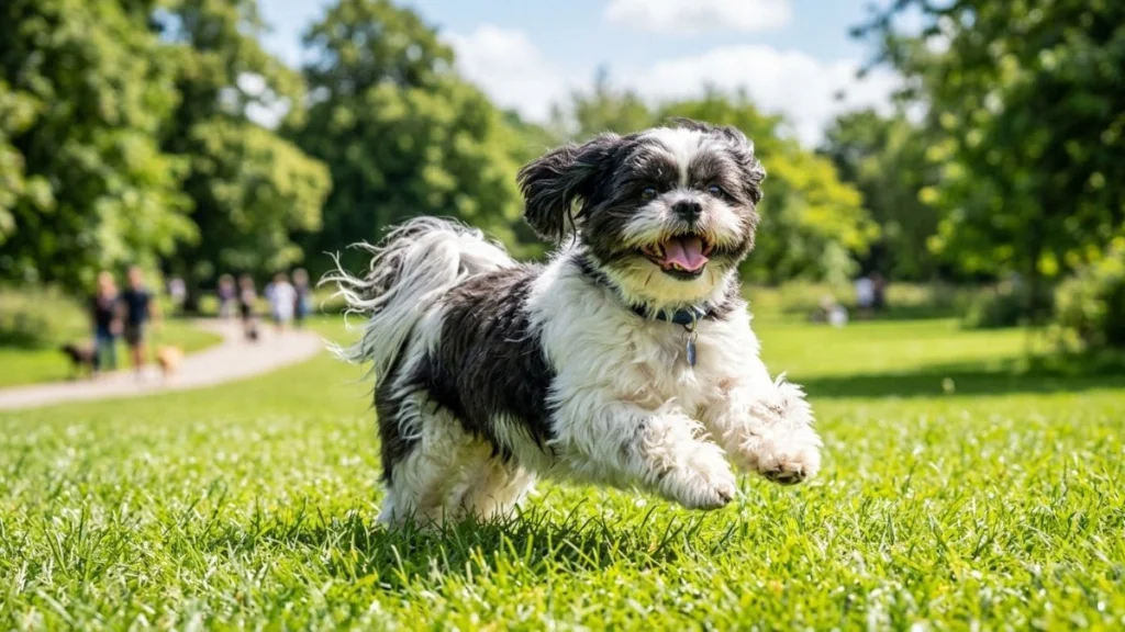 Um cão da raça Shih Tzu de pelagem preta e branca correndo alegremente na grama verde de um parque ensolarado, ajudando a prevenir a coprofagia em Shih Tzu.