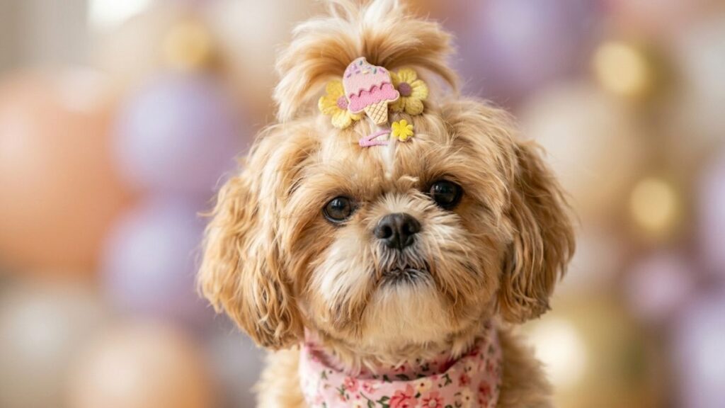 Close-up do rosto de uma Shih Tzu fêmea com pelagem bege e olhos escuros expressivos. Ela usa um laço delicado no topo da cabeça em formato de sorvete com flores amarelas e uma bandana floral rosa no pescoço. O fundo está desfocado com tons pastéis, ideal para ilustrar conteúdos sobre a escolha de nomes para Shih Tzu fêmea.