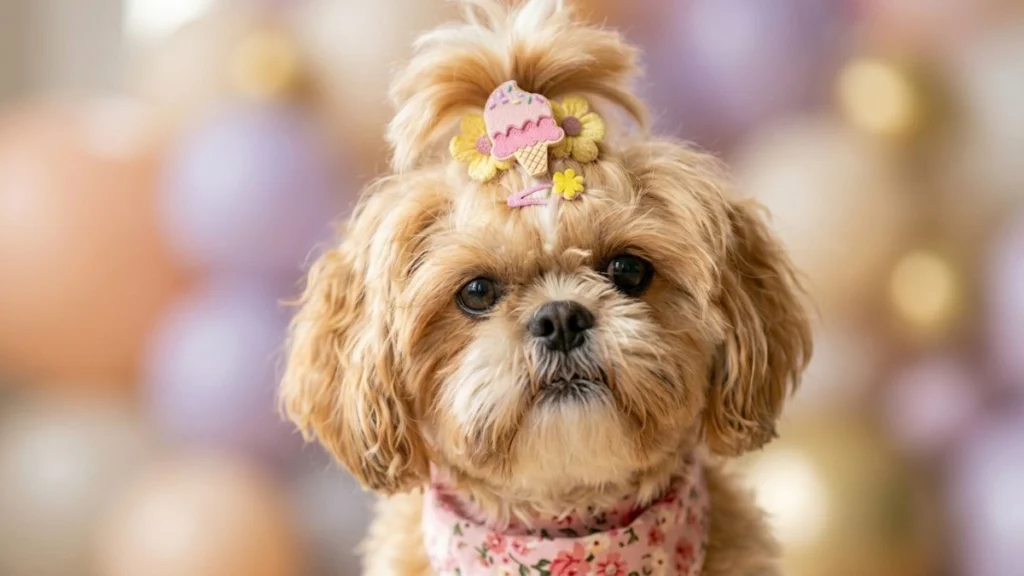 Close-up do rosto de uma Shih Tzu fêmea com pelagem bege e olhos escuros expressivos. Ela usa um laço delicado no topo da cabeça em formato de sorvete com flores amarelas e uma bandana floral rosa no pescoço. O fundo está desfocado com tons pastéis, ideal para ilustrar conteúdos sobre a escolha de nomes para Shih Tzu fêmea.