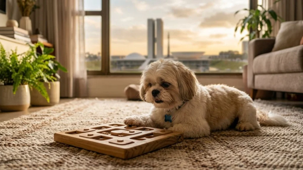 Os melhores Brinquedos para Shih Tzu de estimulação mental são representados por um cão Shih Tzu deitado no tapete da sala de um apartamento, interagindo com um tabuleiro de quebra-cabeça interativo feito de madeira, com o Congresso Nacional visível pela janela ao fundo.