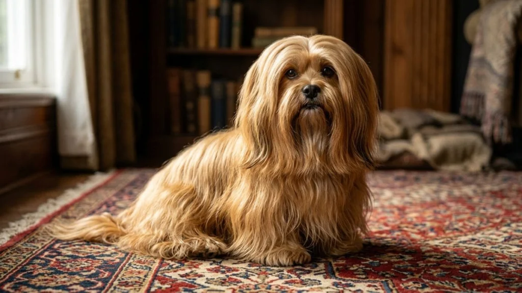12 Raças de cachorro pequeno para apartamento: Guia real para sua escolha 9 Um cão da raça Lhasa Apso de pelagem longa e dourada, sentado sobre um tapete clássico em uma sala com estante de livros ao fundo, representando a elegância das raças de cachorro pequeno.