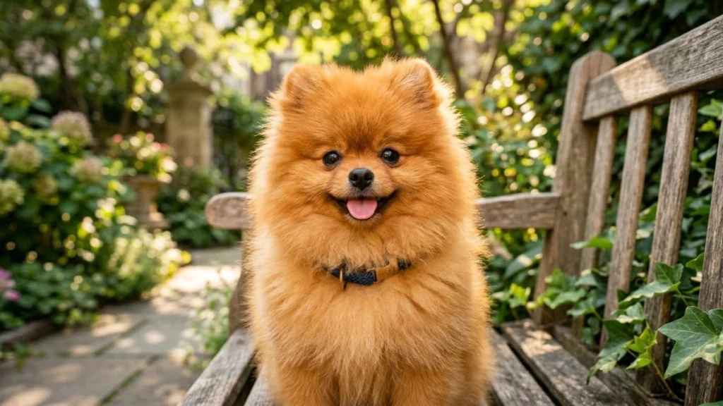 12 Raças de cachorro pequeno para apartamento: Guia real para sua escolha 7 Um Lulu da Pomerânia (Spitz Alemão Anão) de pelagem laranja volumosa e brilhante, sentado em um banco de madeira em um jardim ensolarado. O cão está com a língua para fora, apresentando uma expressão alegre e dócil.