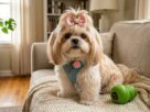 Os melhores Brinquedos para Shih Tzu são representados por um cãozinho da raça Shih Tzu com laço rosa na cabeça, sentado em um sofá ao lado de um brinquedo de borracha verde recheável com petiscos.