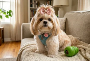Os melhores Brinquedos para Shih Tzu são representados por um cãozinho da raça Shih Tzu com laço rosa na cabeça, sentado em um sofá ao lado de um brinquedo de borracha verde recheável com petiscos.