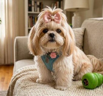 Os melhores Brinquedos para Shih Tzu são representados por um cãozinho da raça Shih Tzu com laço rosa na cabeça, sentado em um sofá ao lado de um brinquedo de borracha verde recheável com petiscos.