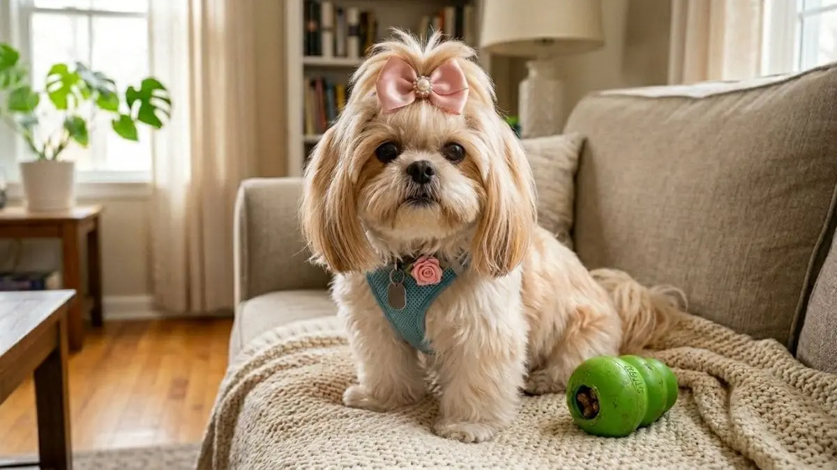 Os melhores Brinquedos para Shih Tzu são representados por um cãozinho da raça Shih Tzu com laço rosa na cabeça, sentado em um sofá ao lado de um brinquedo de borracha verde recheável com petiscos.