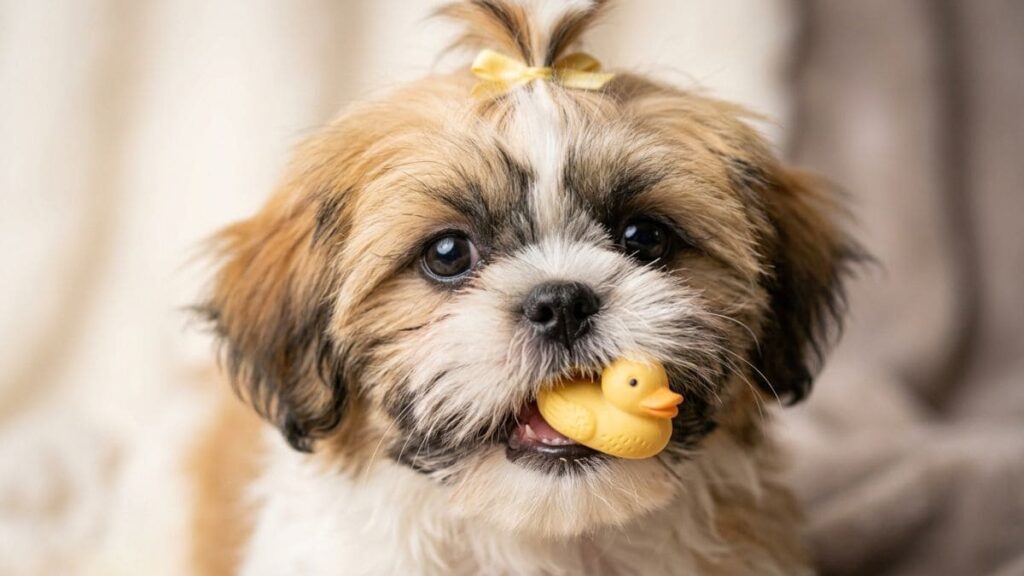 Os melhores Brinquedos para Shih Tzu incluem opções de tamanho adequado, como mostra este filhote de Shih Tzu com um lacinho amarelo na cabeça segurando um patinho de borracha amarelo na boca.