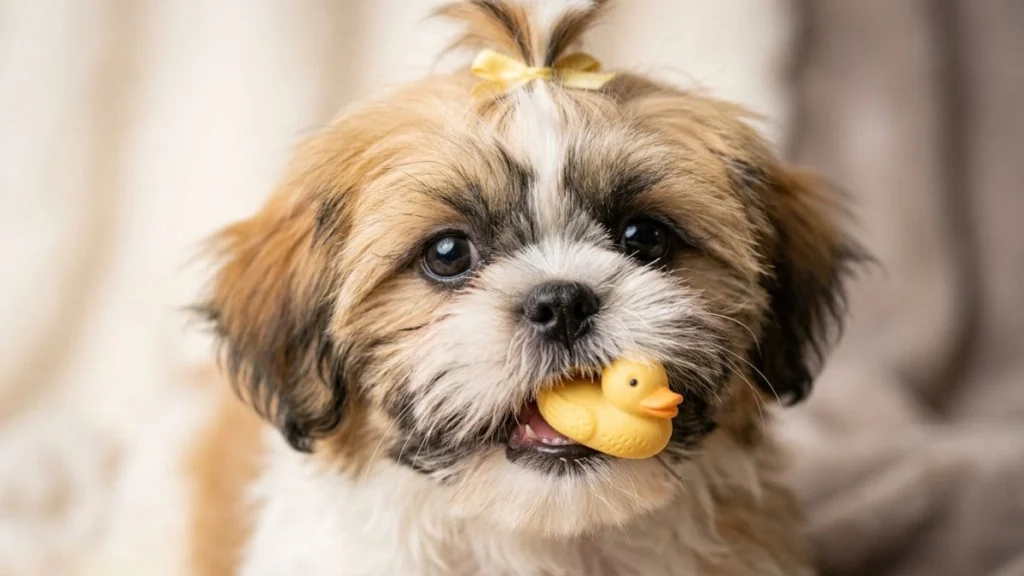 Os melhores Brinquedos para Shih Tzu incluem opções de tamanho adequado, como mostra este filhote de Shih Tzu com um lacinho amarelo na cabeça segurando um patinho de borracha amarelo na boca.