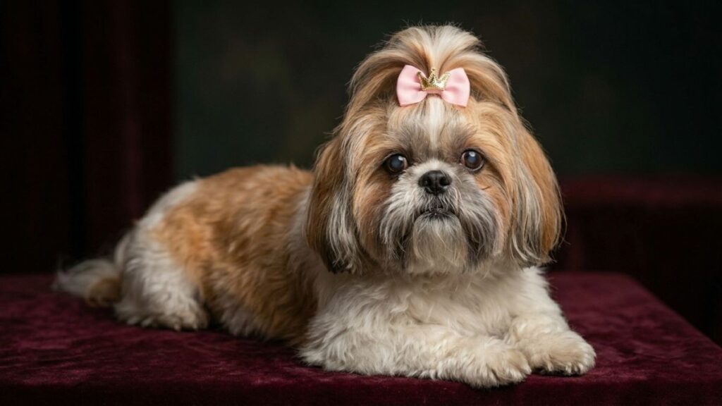 Fotografia de estúdio de uma cadelinha Shih Tzu branca e caramelo deitada sobre uma superfície de veludo vinho. Ela possui o pelo do topo da cabeça preso por um laço rosa com uma pequena coroa dourada no centro. A iluminação é dramática contra um fundo escuro, destacando a elegância da pet. A imagem sugere inspirações de nomes para Shih Tzu fêmea que remetam à nobreza e sofisticação.