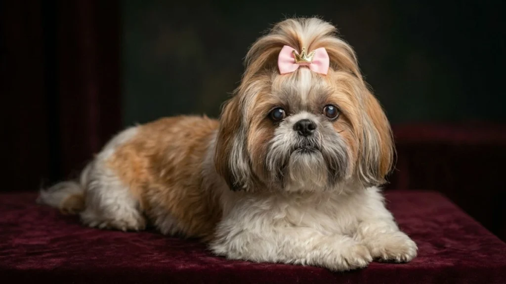 Fotografia de estúdio de uma cadelinha Shih Tzu branca e caramelo deitada sobre uma superfície de veludo vinho. Ela possui o pelo do topo da cabeça preso por um laço rosa com uma pequena coroa dourada no centro. A iluminação é dramática contra um fundo escuro, destacando a elegância da pet. A imagem sugere inspirações de nomes para Shih Tzu fêmea que remetam à nobreza e sofisticação.