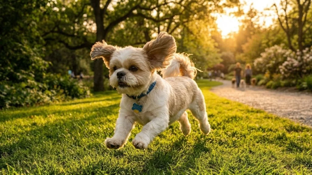 Um cachorro Shih Tzu macho, de pelagem branca e caramelo, capturado em pleno movimento enquanto corre alegremente pelo gramado verde de um parque. Suas orelhas estão voando com o vento e ele usa uma coleira azul com um pingente de identificação. Ao fundo, árvores frondosas e o brilho dourado do pôr do sol iluminam uma trilha onde pessoas passeiam. A imagem transmite energia e liberdade, ideal para ilustrar nomes para Shih Tzu macho.