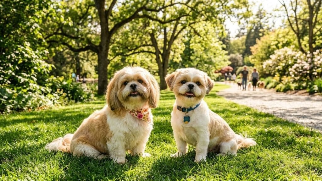Dois cachorros Shih Tzu sentados lado a lado em um gramado verde ensolarado de um parque. O cão à esquerda tem pelagem mais longa e usa uma bandana floral, enquanto o cão à direita, um Shih Tzu macho com tosa mais curta, usa uma coleira azul com pingente. Ao fundo, uma trilha com pessoas passeando e árvores frondosas sob a luz do sol. A imagem é ideal para quem busca nomes para Shih Tzu macho em contextos de amizade e lazer.