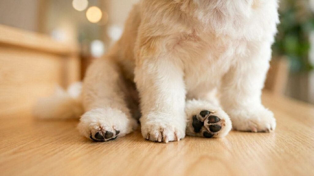 Tosa higiênica em Shih Tzu: O Cuidado Essencial para a Saúde e Bem-Estar do seu Pet 3 Close-up focado nas patas traseiras e dianteiras de um cão da raça Shih Tzu sentado em um piso de madeira, mostrando os coxins limpos e os pelos aparados devido à tosa higiênica em Shih Tzu.