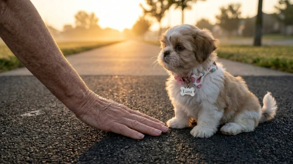 Uma foto de ângulo baixo e close focado ao nível do asfalto texturizado em uma rua de subúrbio. No centro, um pequeno e fofo filhote de Shih Tzu branco e marrom, chamado Luna (conforme sua placa de identificação com laço de sorvete), está sentado e olha para a esquerda. Ao seu lado esquerdo, uma mão humana envelhecida está pousada firmemente sobre o asfalto. O fundo desfocado mostra uma calçada e árvores sob a luz intensa e dourada do nascer do sol, indicando um dia que promete calor extremo. A imagem ilustra o risco do chão quente para a raça, pois o shih tzu sente muito calor.