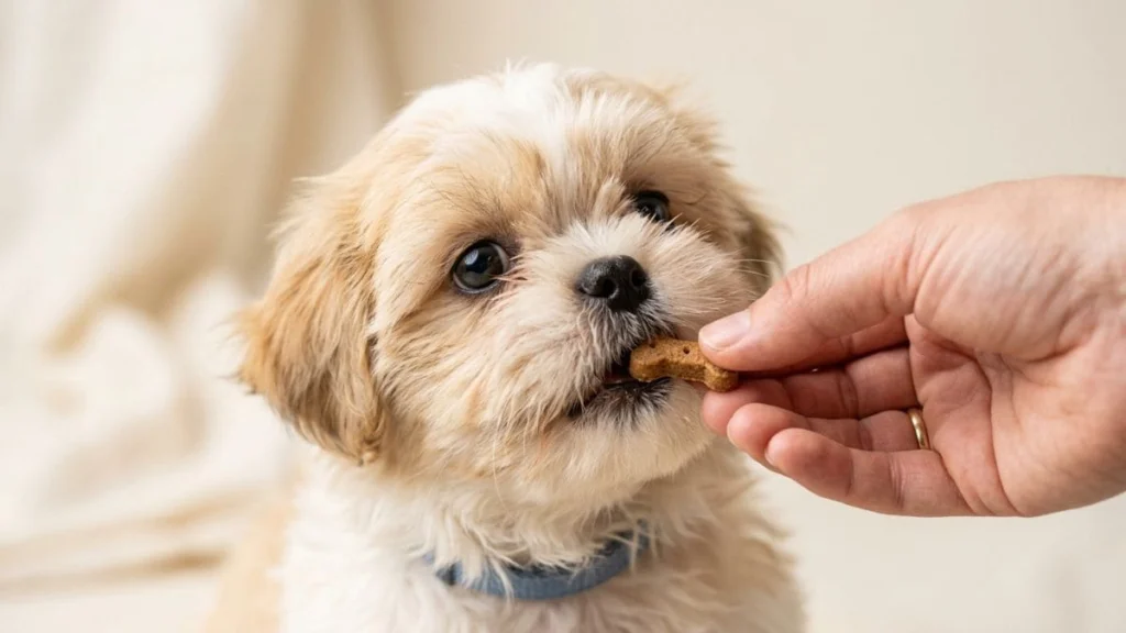 Um filhote de Shih Tzu de pelagem clara olhando fixamente enquanto recebe um petisco em formato de ossinho diretamente da mão de uma pessoa, auxiliando no tratamento da coprofagia em Shih Tzu.