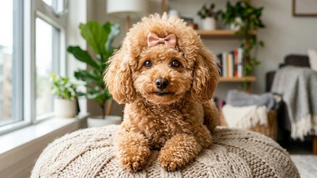 12 Raças de cachorro pequeno para apartamento: Guia real para sua escolha 6 Um Poodle Toy de pelagem branca e encaracolada, sentado em um sofá cinza. O cão possui uma aparência tosada e elegante, com olhos escuros expressivos voltados para a frente.