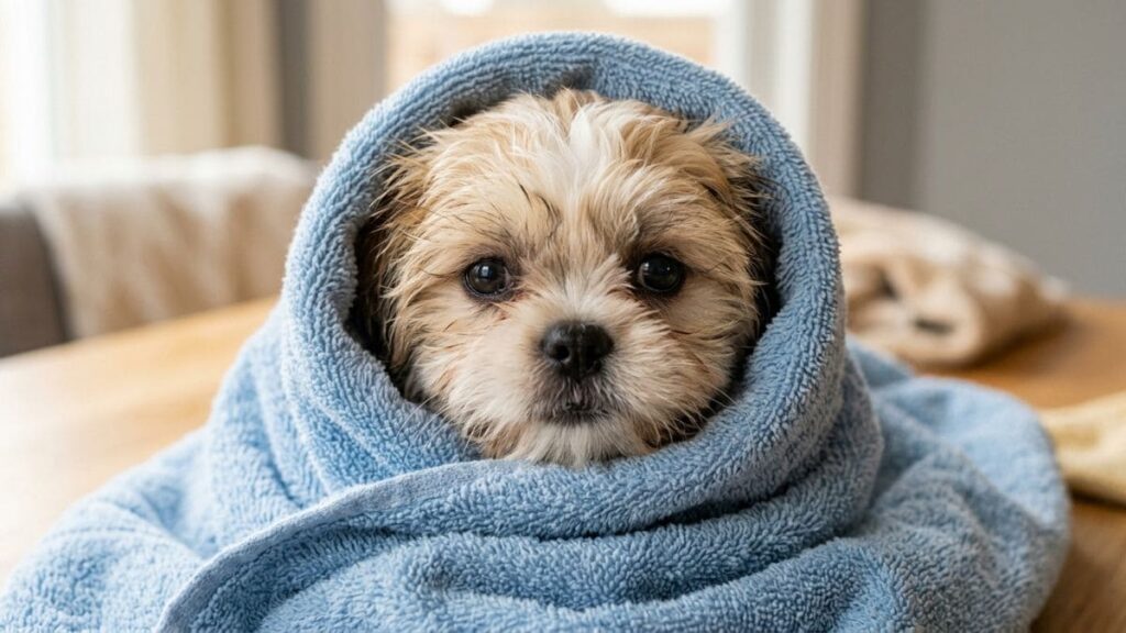 Um filhote de Shih Tzu com os pelos da cabeça ainda úmidos, enrolado de forma aconchegante em uma toalha azul após o processo de como dar banho no Shih Tzu em casa.