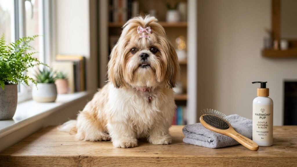 Dicas de como dar banho no Shih Tzu em casa, mostrando um cão da raça Shih Tzu com laço na cabeça sentado em uma bancada de madeira ao lado de um shampoo pet, uma escova e uma toalha cinza.