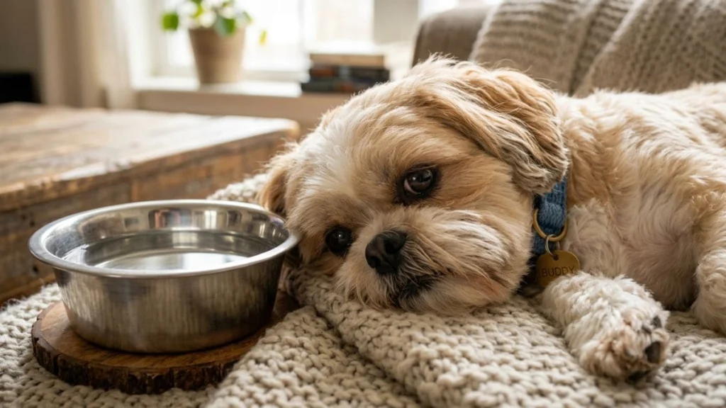 Um cão da raça Shih Tzu deitado perto de seu comedouro em um espaço limpo e iluminado, representando os cuidados com a alimentação para evitar a coprofagia em Shih Tzu.