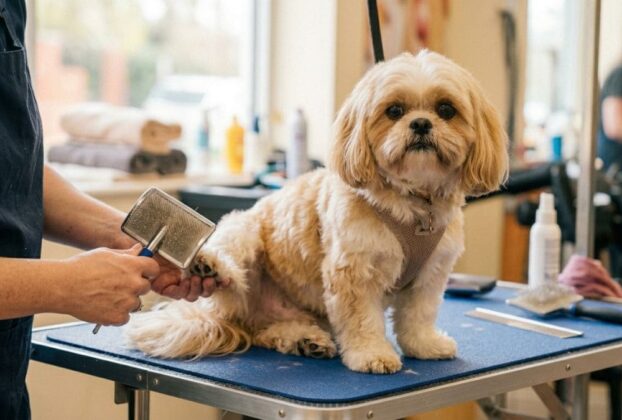 Detalhes de uma tosa higiênica em Shih Tzu, mostrando um profissional em um pet shop que utiliza uma rasqueadeira para escovar a pelagem das patas traseiras do cão sobre a mesa de atendimento.