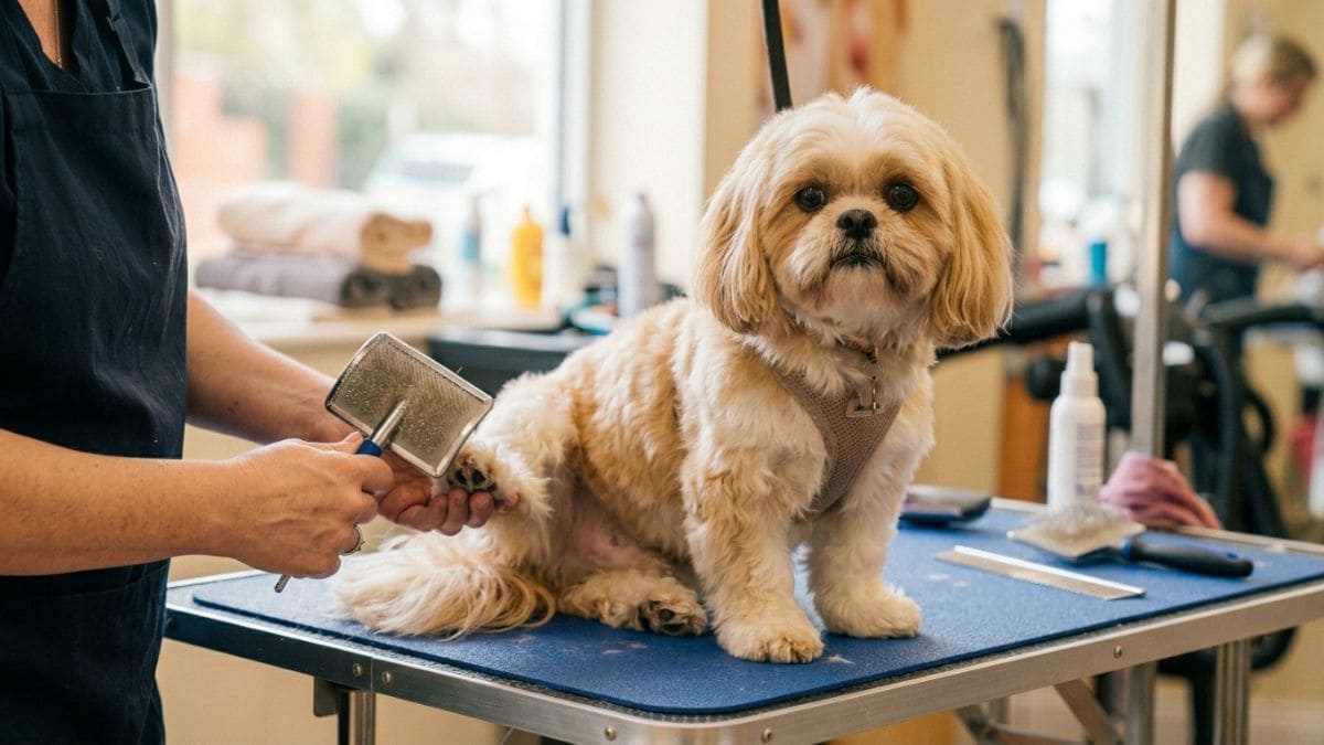 Tosa higiênica em Shih Tzu: O Cuidado Essencial para a Saúde e Bem-Estar do seu Pet 1 Detalhes de uma tosa higiênica em Shih Tzu, mostrando um profissional em um pet shop que utiliza uma rasqueadeira para escovar a pelagem das patas traseiras do cão sobre a mesa de atendimento.