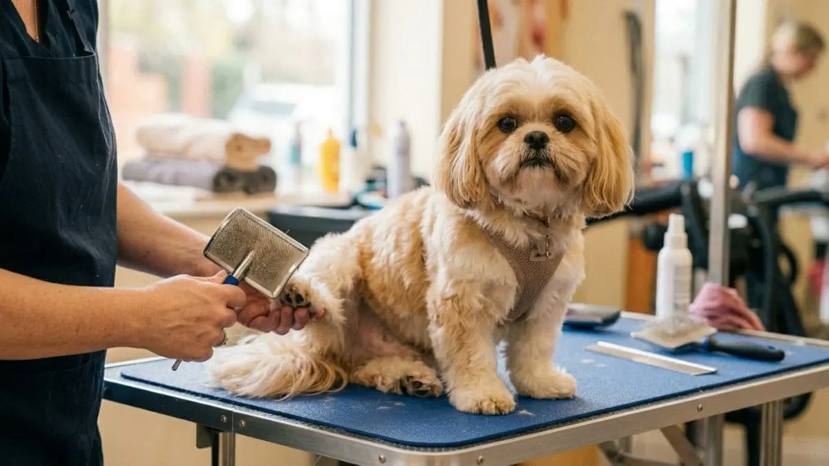 Detalhes de uma tosa higiênica em Shih Tzu, mostrando um profissional em um pet shop que utiliza uma rasqueadeira para escovar a pelagem das patas traseiras do cão sobre a mesa de atendimento.
