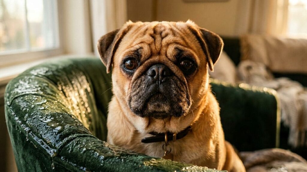 Close-up frontal de um cachorro da raça Pug com expressão séria e atenta, sentado em uma poltrona de veludo verde. A luz do sol entra pela janela lateral, destacando as rugas características de seu rosto e seus grandes olhos escuros.