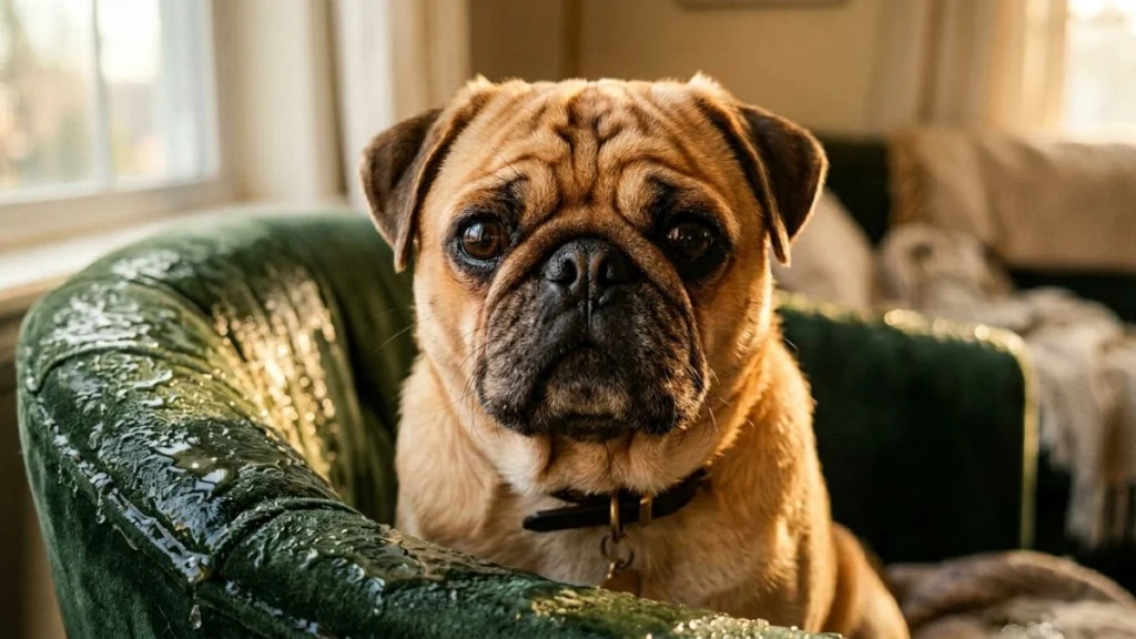 12 Raças de cachorro pequeno para apartamento: Guia real para sua escolha 4 Close-up frontal de um cachorro da raça Pug com expressão séria e atenta, sentado em uma poltrona de veludo verde. A luz do sol entra pela janela lateral, destacando as rugas características de seu rosto e seus grandes olhos escuros.