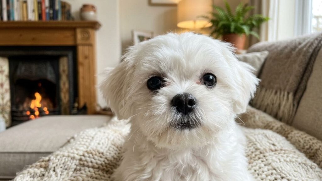 Um close-up frontal e centralizado do rosto de um filhote de Shih Tzu branco com pelagem muito clara e olhos negros brilhantes. O cão está posicionado em uma sala de estar aconchegante, sentado sobre uma manta de tricô bege. Ao fundo, de forma desfocada, é possível ver uma lareira acesa com fogo suave, uma estante de livros e uma planta verde, criando uma atmosfera quente e acolhedora.
