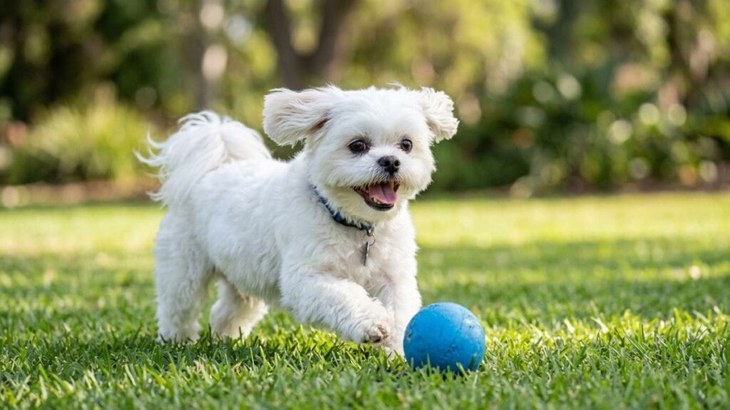Shih Tzu branco brincando com bola azul em gramado ao ar livre