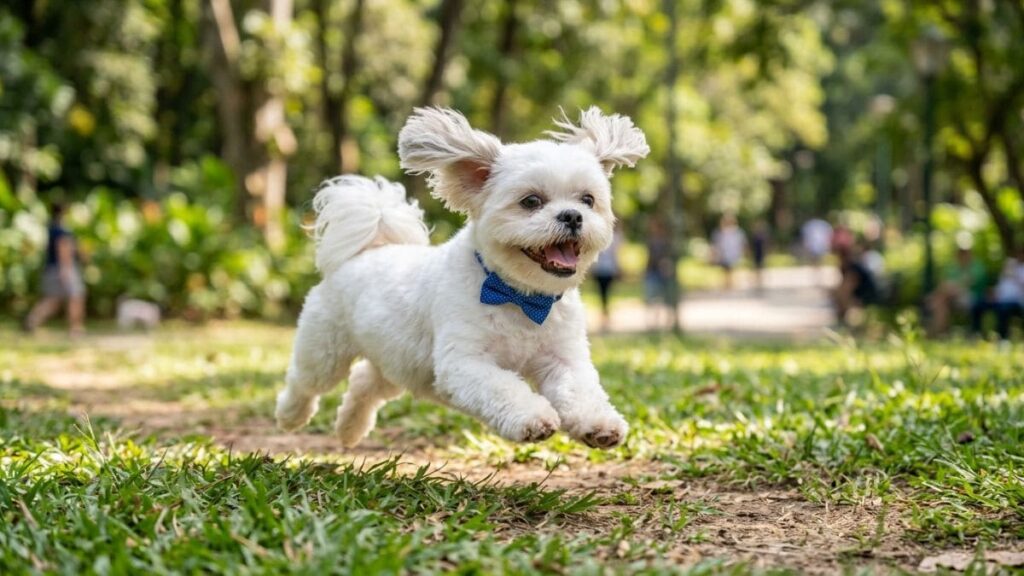 Shih Tzu branco correndo em parque com gravata azul e expressão alegre durante passeio ao ar livre