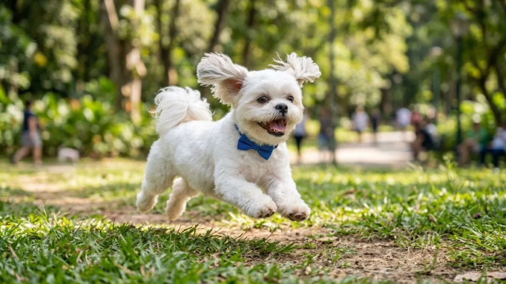 Shih Tzu Branco: O Guia Definitivo para uma Pelagem Radiante e Saudável 5 Shih Tzu branco correndo em parque com gravata azul e expressão alegre durante passeio ao ar livre