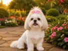 Shih Tzu branco sentado em jardim florido com laço rosa durante o pôr do sol