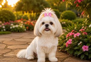 Shih Tzu branco sentado em jardim florido com laço rosa durante o pôr do sol