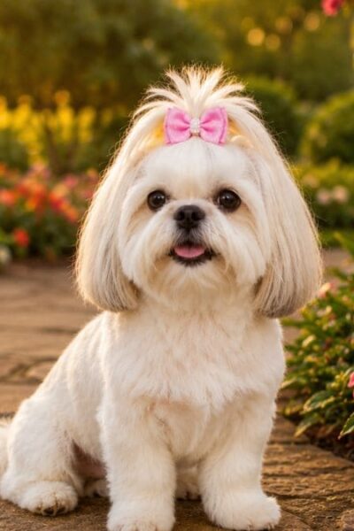 Shih Tzu branco sentado em jardim florido com laço rosa durante o pôr do sol
